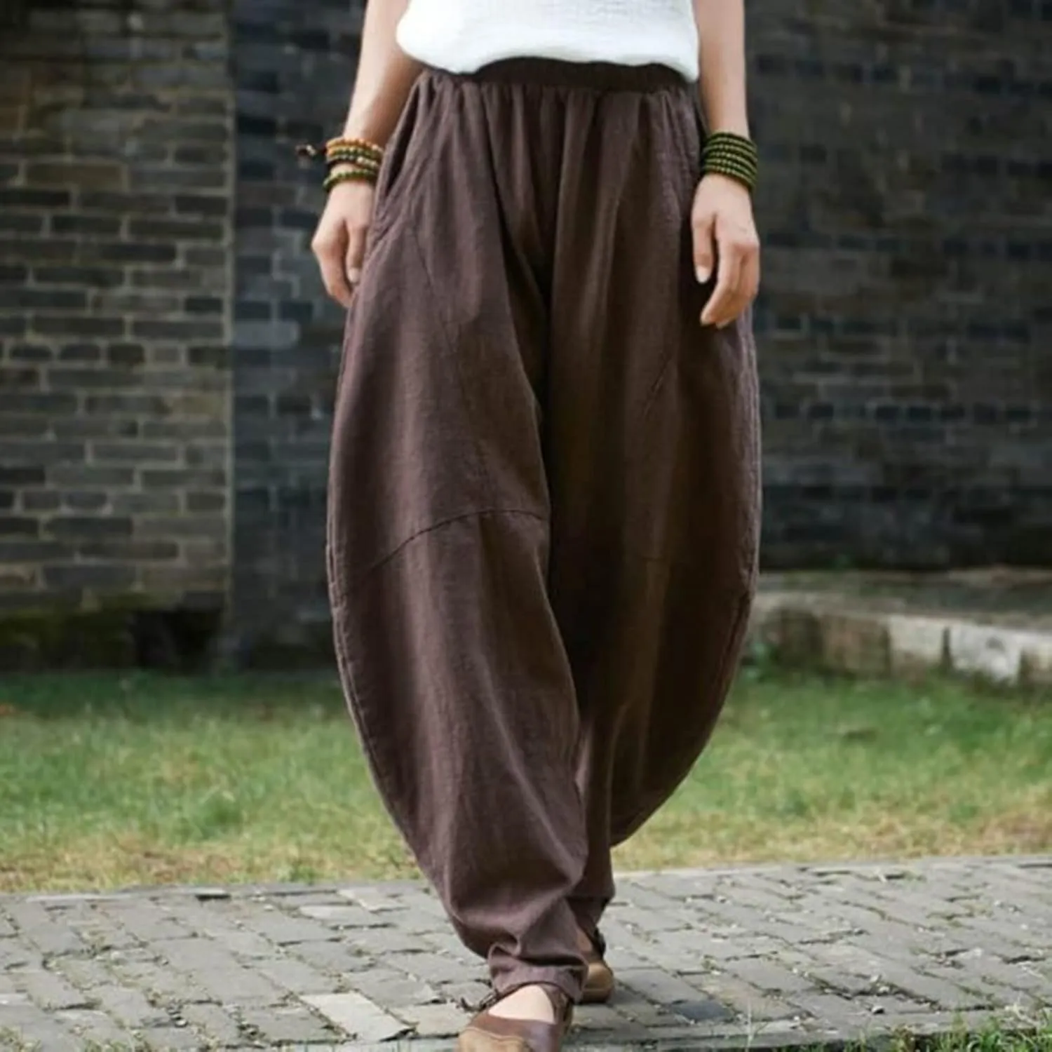 Linen Pants Women 2025 Summer Elastic High Waist Wide Leg Trousers Casual Loose Fit Harem Palazzo with Pockets