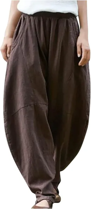 Linen Pants Women 2025 Summer Elastic High Waist Wide Leg Trousers Casual Loose Fit Harem Palazzo with Pockets