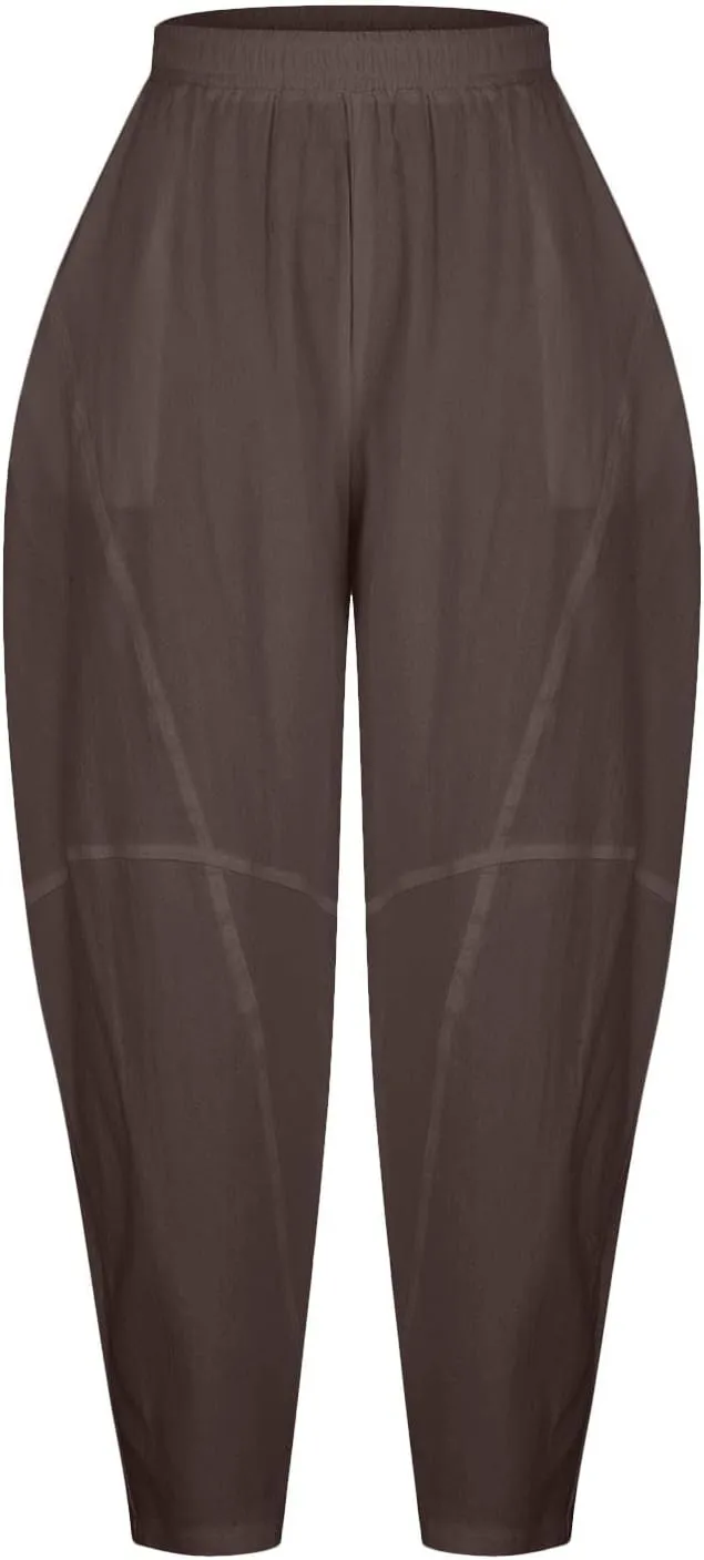 Linen Pants Women 2025 Summer Elastic High Waist Wide Leg Trousers Casual Loose Fit Harem Palazzo with Pockets
