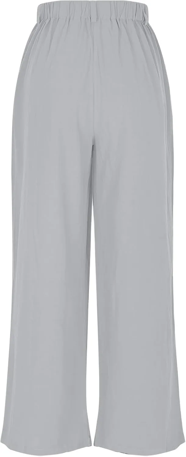 Linen Pants Women Casual Wide Leg Pleated Cropped Trouser Summer High Waist Lounge Palazzo Lightweight Beach Pants