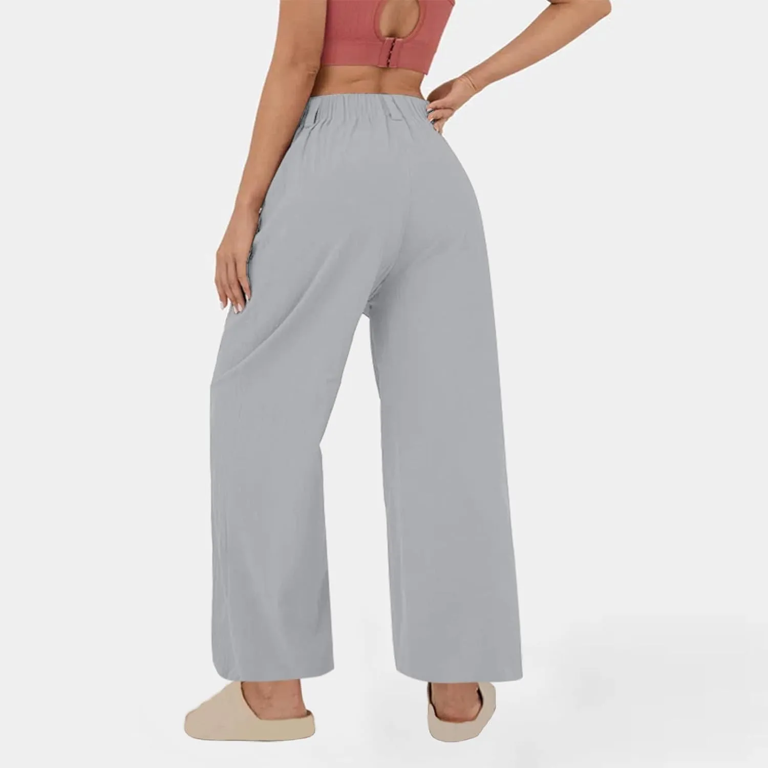 Linen Pants Women Casual Wide Leg Pleated Cropped Trouser Summer High Waist Lounge Palazzo Lightweight Beach Pants