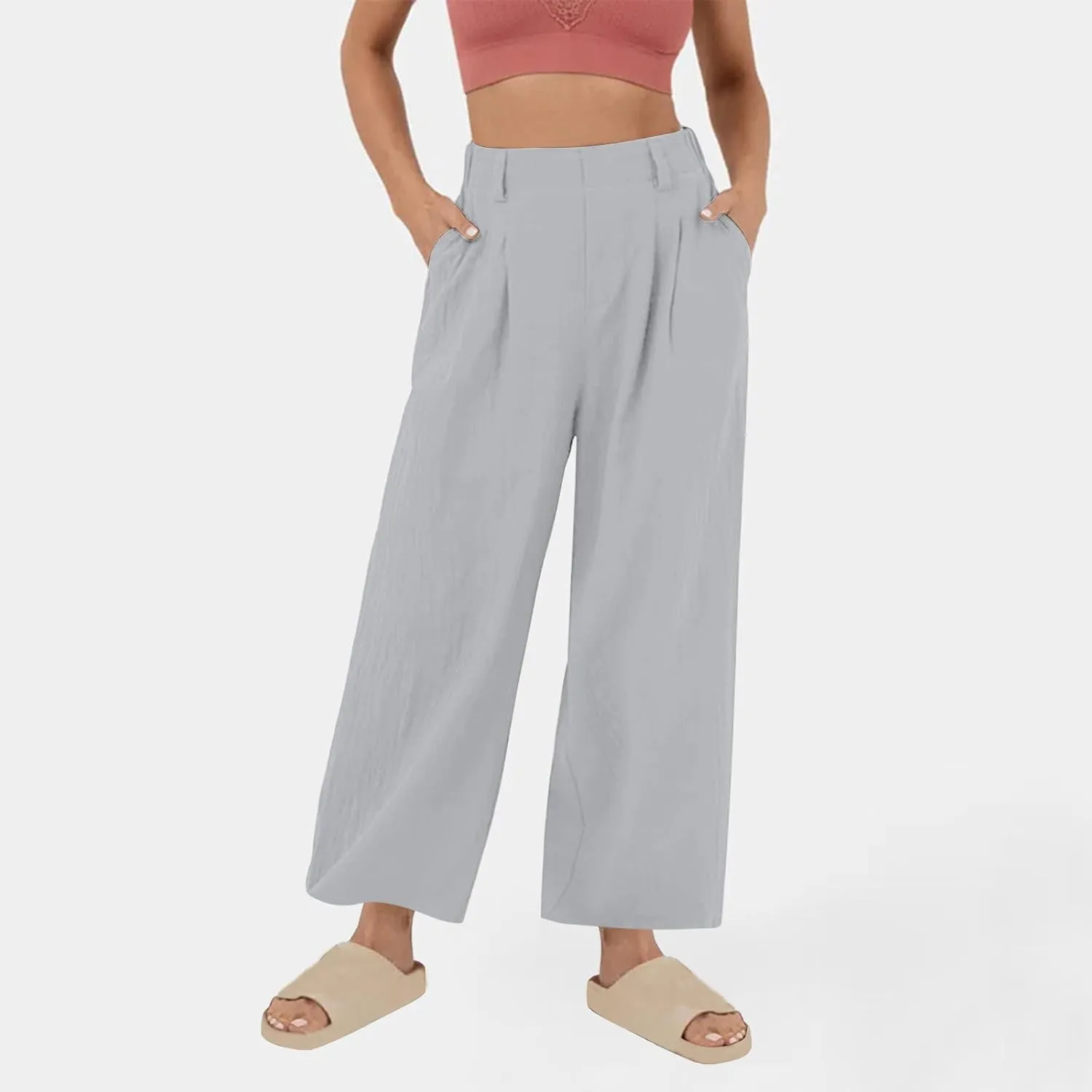 Linen Pants Women Casual Wide Leg Pleated Cropped Trouser Summer High Waist Lounge Palazzo Lightweight Beach Pants