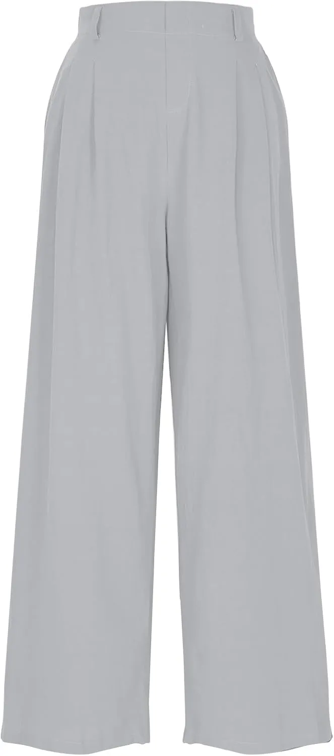 Linen Pants Women Casual Wide Leg Pleated Cropped Trouser Summer High Waist Lounge Palazzo Lightweight Beach Pants