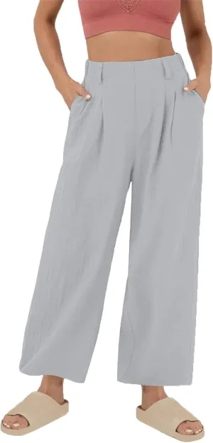 Linen Pants Women Casual Wide Leg Pleated Cropped Trouser Summer High Waist Lounge Palazzo Lightweight Beach Pants