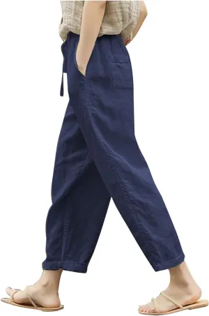 Linen Pants Women High Waist Cotton Blend Fashion Drawstring Pant Casual Summer Trousers with Side Pockets
