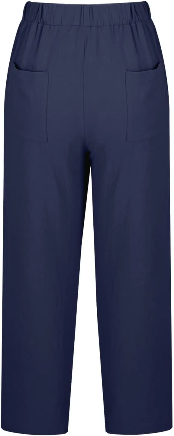 Linen Pants Women High Waist Cotton Blend Fashion Drawstring Pant Casual Summer Trousers with Side Pockets