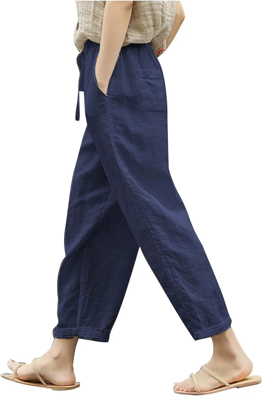 Linen Pants Women High Waist Cotton Blend Fashion Drawstring Pant Casual Summer Trousers with Side Pockets