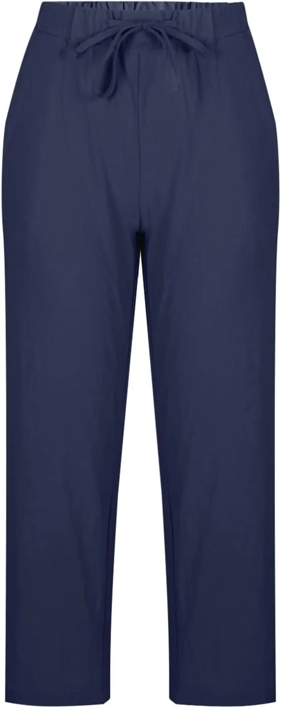 Linen Pants Women High Waist Cotton Blend Fashion Drawstring Pant Casual Summer Trousers with Side Pockets