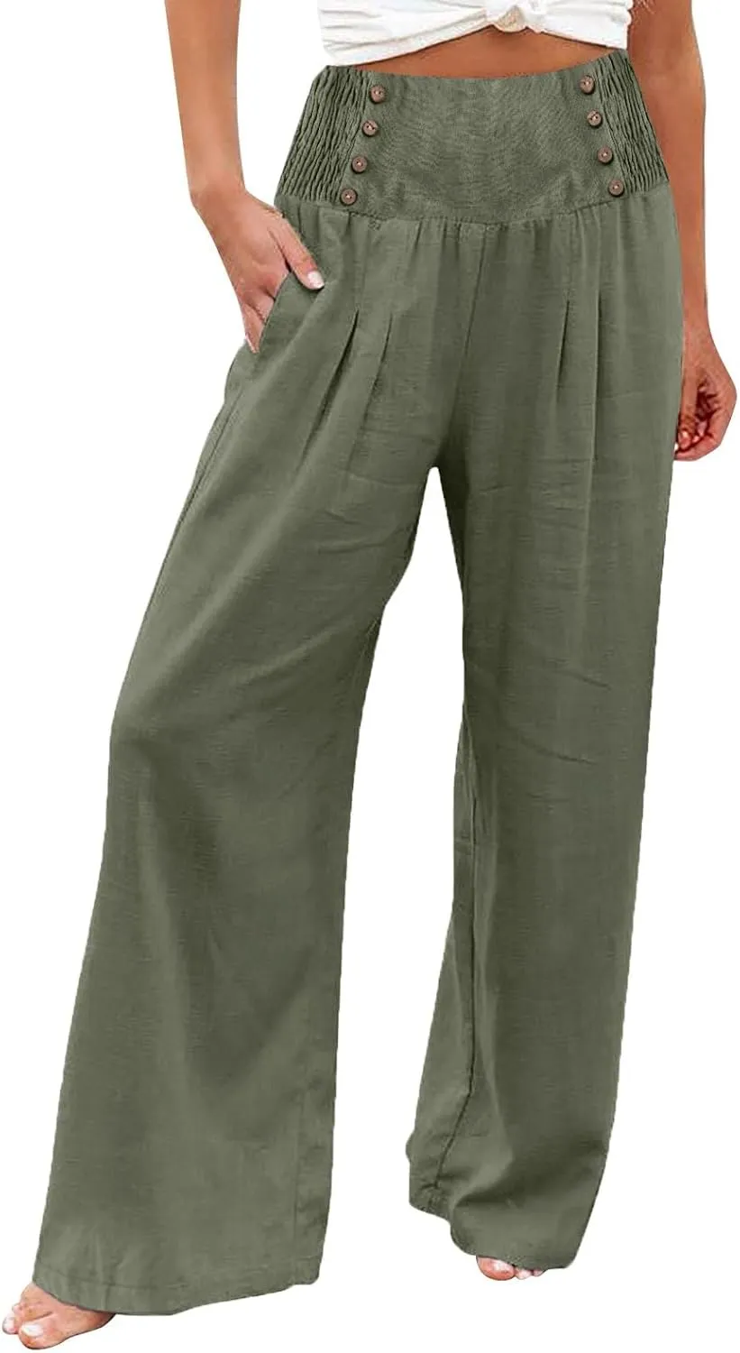 Linen Pants Women Petite Length Women Linen Pants Palazzo Lounge Harem Wide Leg Pants Beach Long Trousers Pockets