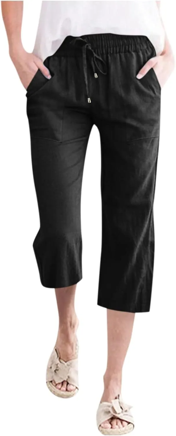 Linen Pants Women Petite Length Women Linen Pants Palazzo Lounge Harem Wide Leg Pants Beach Long Trousers Pockets