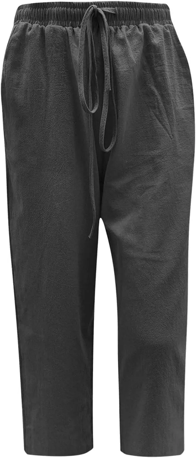 Linen Pants Women Petite Length Womens Linen Pants Casual Straight Fit Elastic Waisted Drawsting Trousers Pockets
