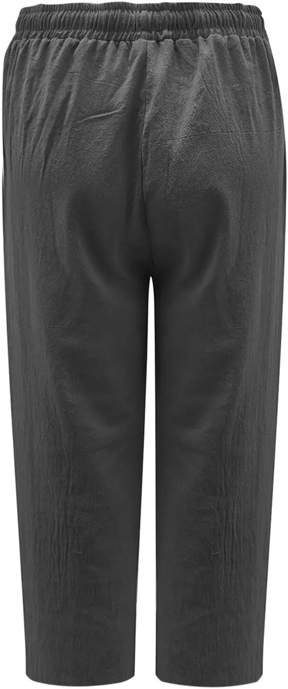 Linen Pants Women Petite Length Womens Linen Pants Casual Straight Fit Elastic Waisted Drawsting Trousers Pockets