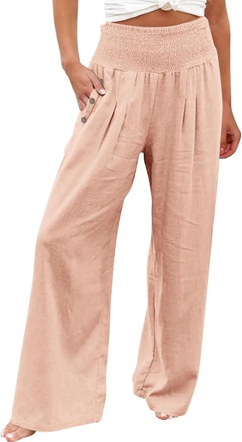 Linen Pants Women Petite Length Womens Linen Pants Casual Straight Fit Elastic Waisted Drawsting Trousers Pockets
