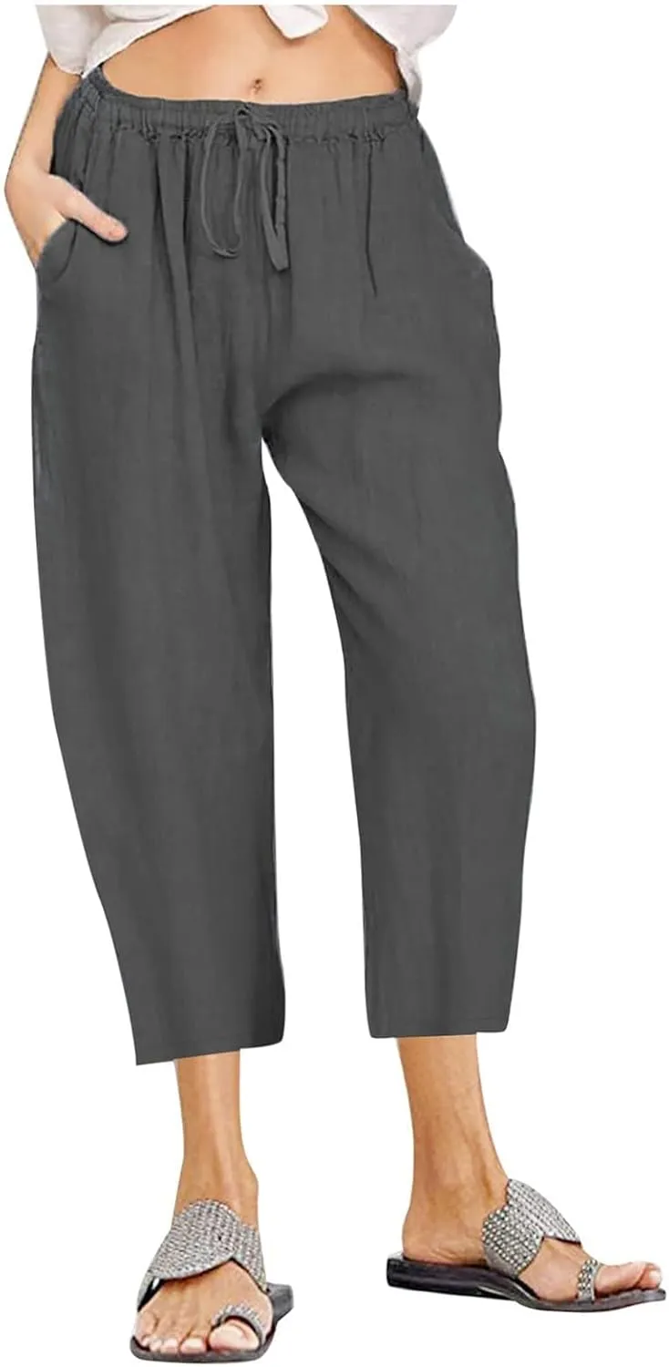 Linen Pants Women Petite Length Womens Linen Pants Casual Straight Fit Elastic Waisted Drawsting Trousers Pockets
