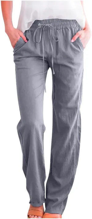 Linen Pants Women Summer Casual Straight Leg Pants Trendy Drawstring Waist Loose Beach Trousers Lounge Palazzo