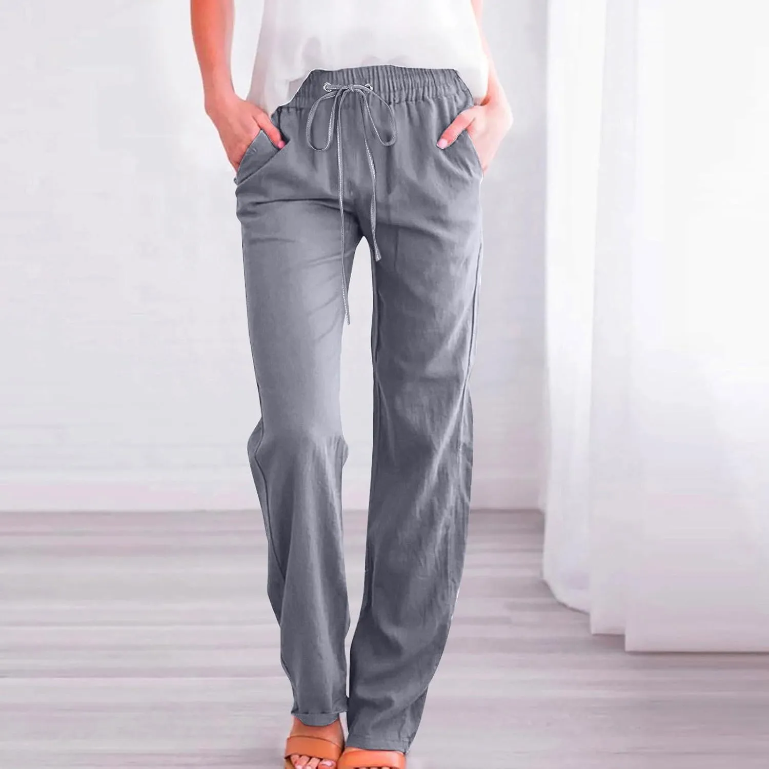 Linen Pants Women Summer Casual Straight Leg Pants Trendy Drawstring Waist Loose Beach Trousers Lounge Palazzo