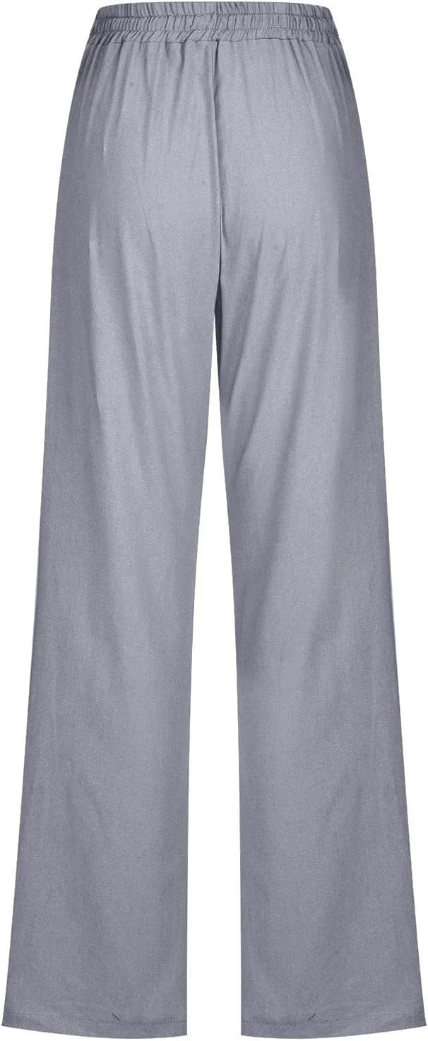 Linen Pants Women Summer Casual Straight Leg Pants Trendy Drawstring Waist Loose Beach Trousers Lounge Palazzo