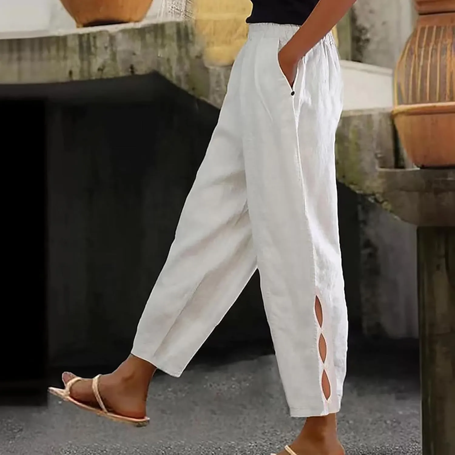 Linen Pants Women Summer Cotton Linen Capri Pants Casual Cropped Trouser sTapered Leg Sweatpants Loose Beach Pants