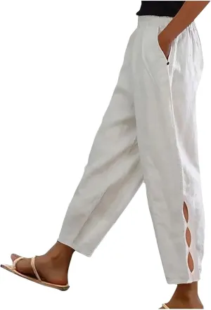 Linen Pants Women Summer Cotton Linen Capri Pants Casual Cropped Trouser sTapered Leg Sweatpants Loose Beach Pants