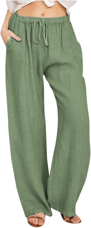 Linen Pants Women Summer Wide Leg Beach Pants Casual Drawstring High Waisted Work Pants with Pockets Flowy Palazzo Trousers