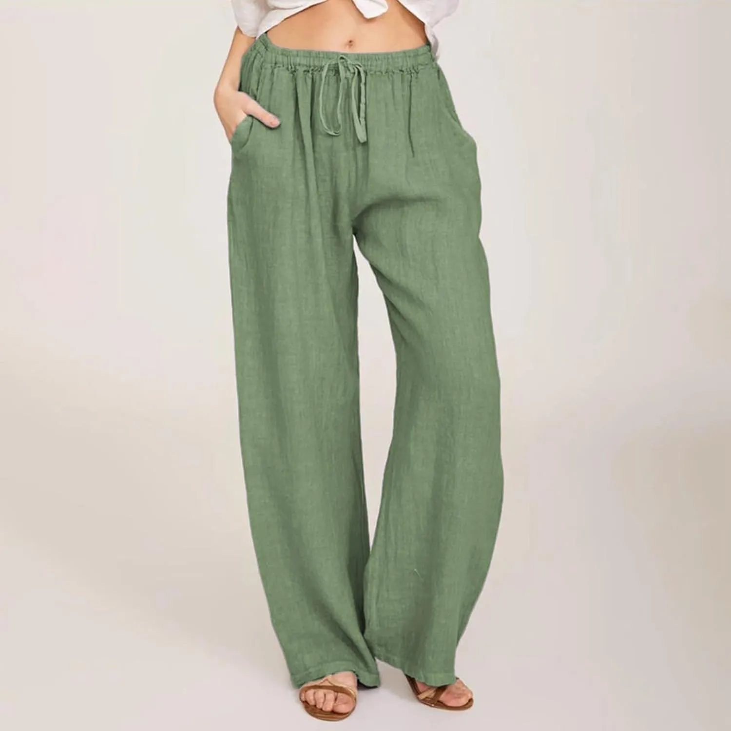 Linen Pants Women Summer Wide Leg Beach Pants Casual Drawstring High Waisted Work Pants with Pockets Flowy Palazzo Trousers