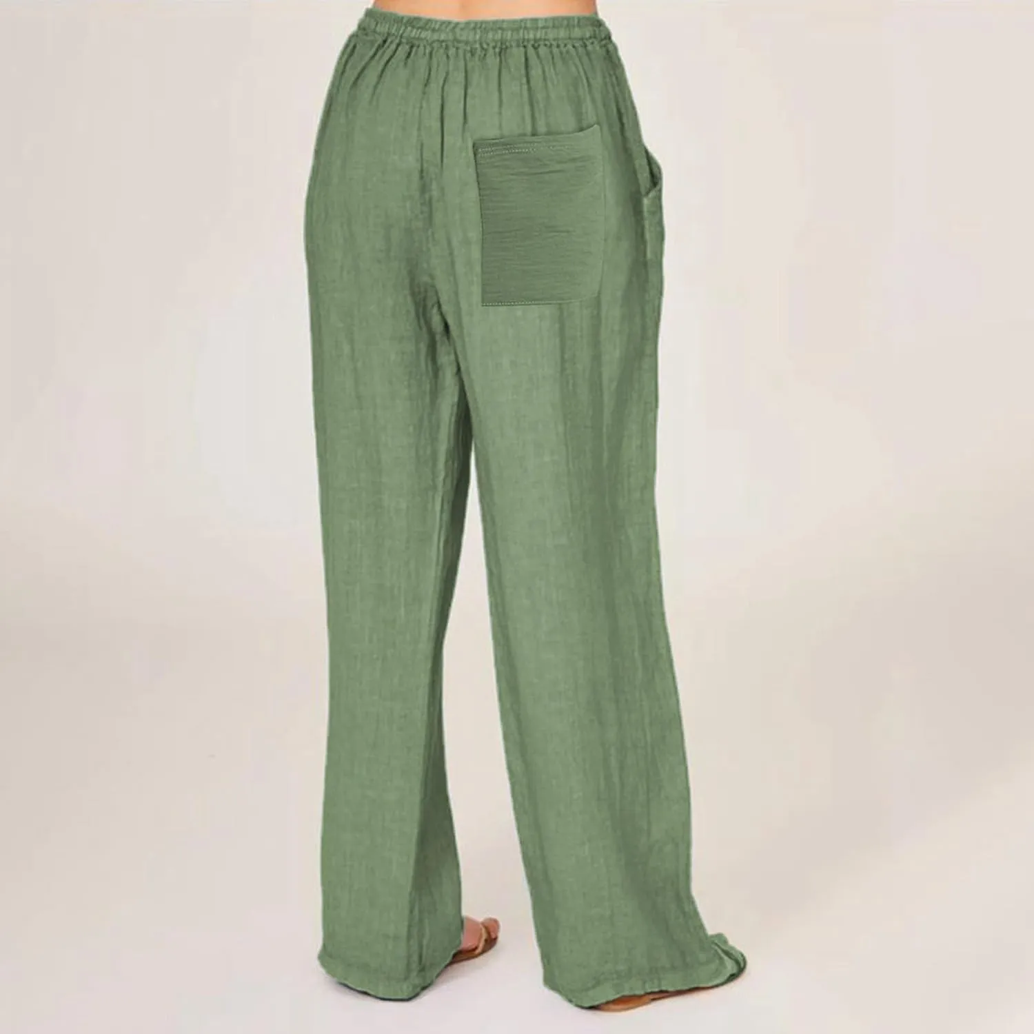 Linen Pants Women Summer Wide Leg Beach Pants Casual Drawstring High Waisted Work Pants with Pockets Flowy Palazzo Trousers