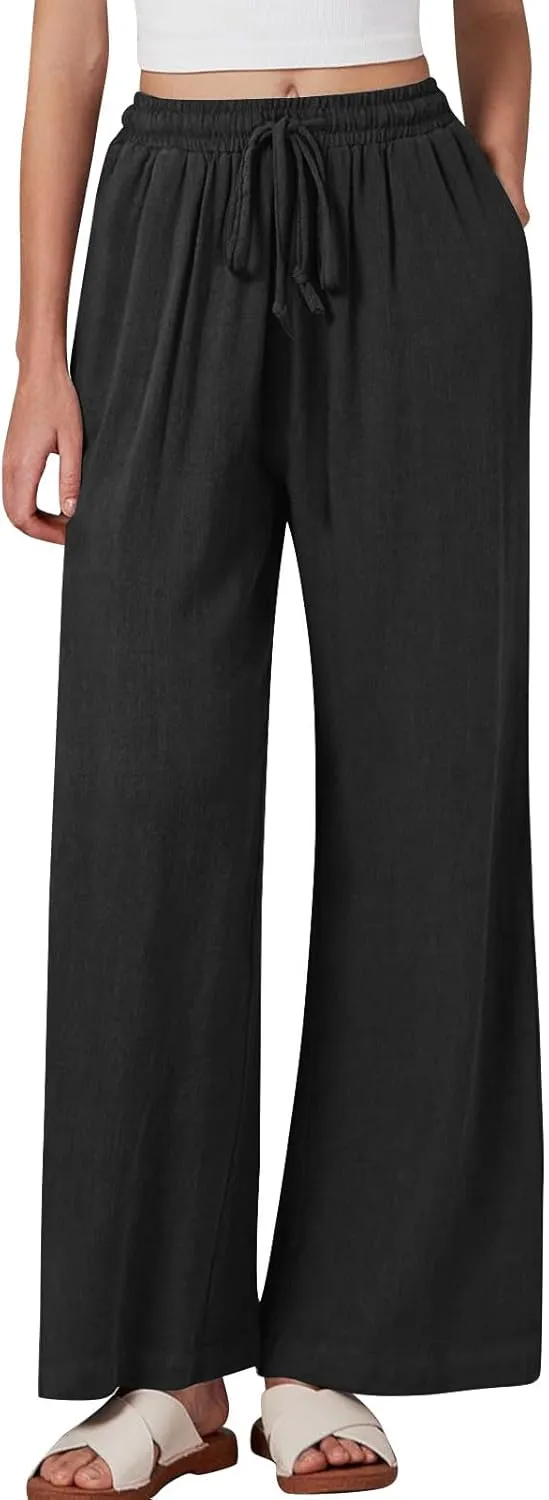 Linen Pants Women Wide Leg Lounge Beach Pants Summer High Wiasted Drawstring Travel Work Trousers with Pockets