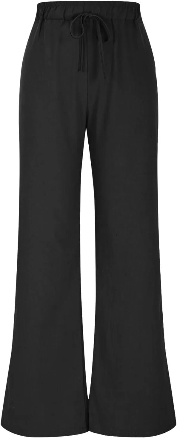 Linen Pants Women Wide Leg Lounge Beach Pants Summer High Wiasted Drawstring Travel Work Trousers with Pockets