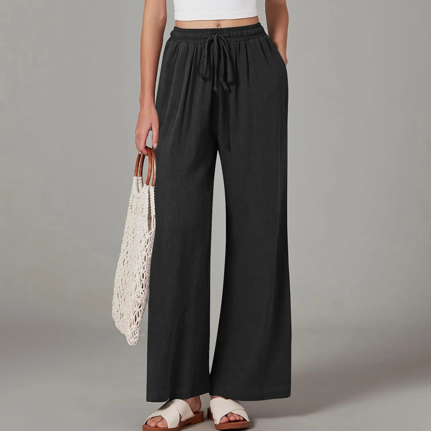 Linen Pants Women Wide Leg Lounge Beach Pants Summer High Wiasted Drawstring Travel Work Trousers with Pockets