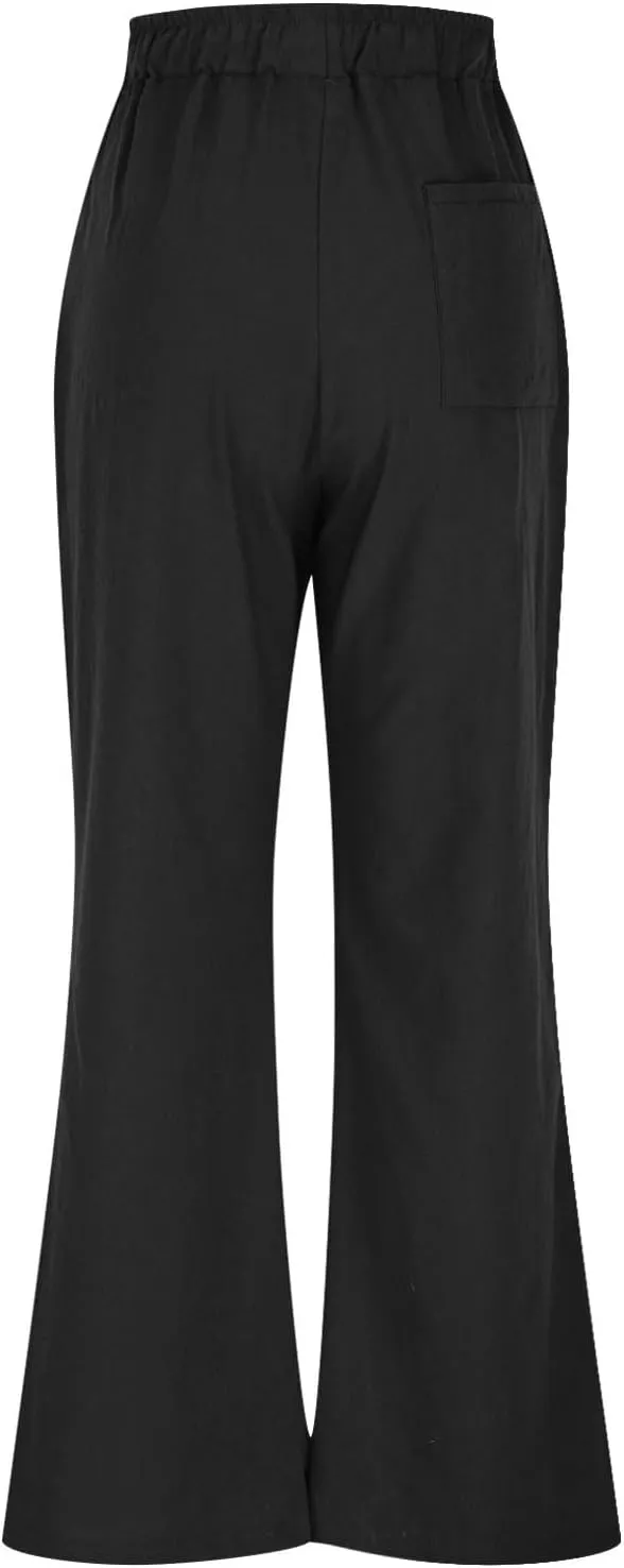 Linen Pants Women Wide Leg Lounge Beach Pants Summer High Wiasted Drawstring Travel Work Trousers with Pockets