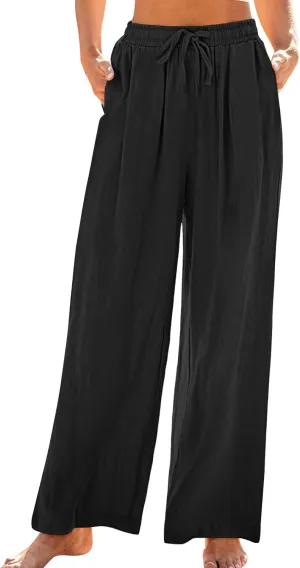 Linen Pants Women Wide Leg Lounge Beach Pants Summer High Wiasted Drawstring Travel Work Trousers with Pockets
