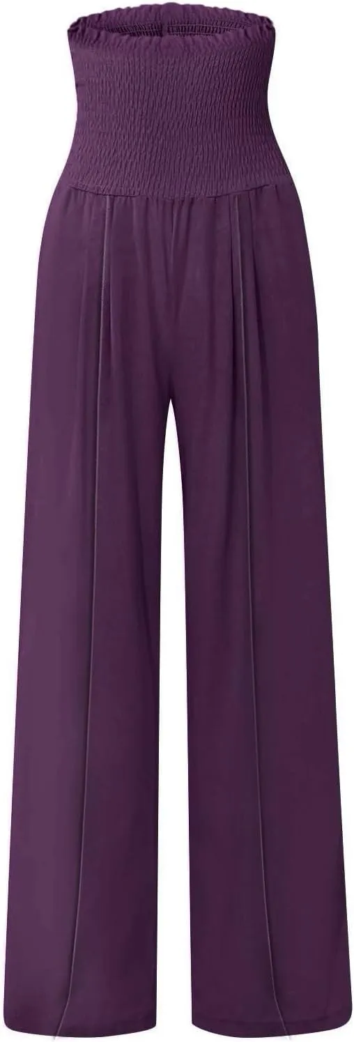 Linen Wide Leg Pants for Women Summer Flowy Boho Palazzo Pants Smocked High Waisted Loose Beach Pants with Pockets