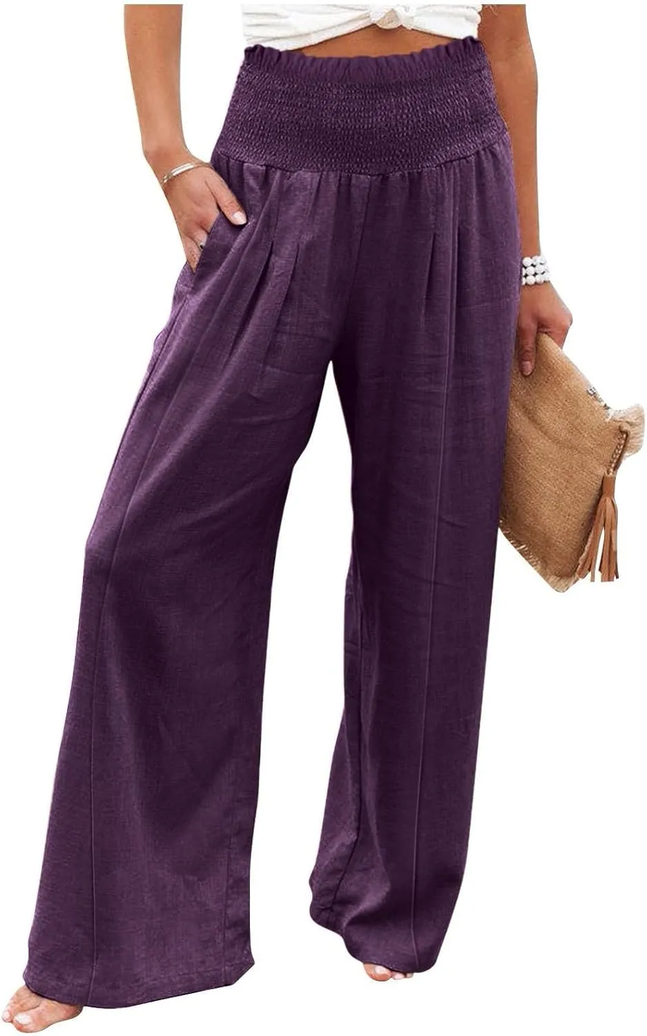 Linen Wide Leg Pants for Women Summer Flowy Boho Palazzo Pants Smocked High Waisted Loose Beach Pants with Pockets