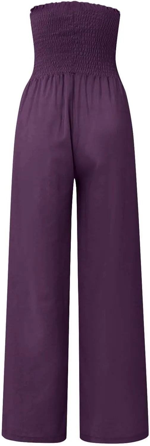 Linen Wide Leg Pants for Women Summer Flowy Boho Palazzo Pants Smocked High Waisted Loose Beach Pants with Pockets
