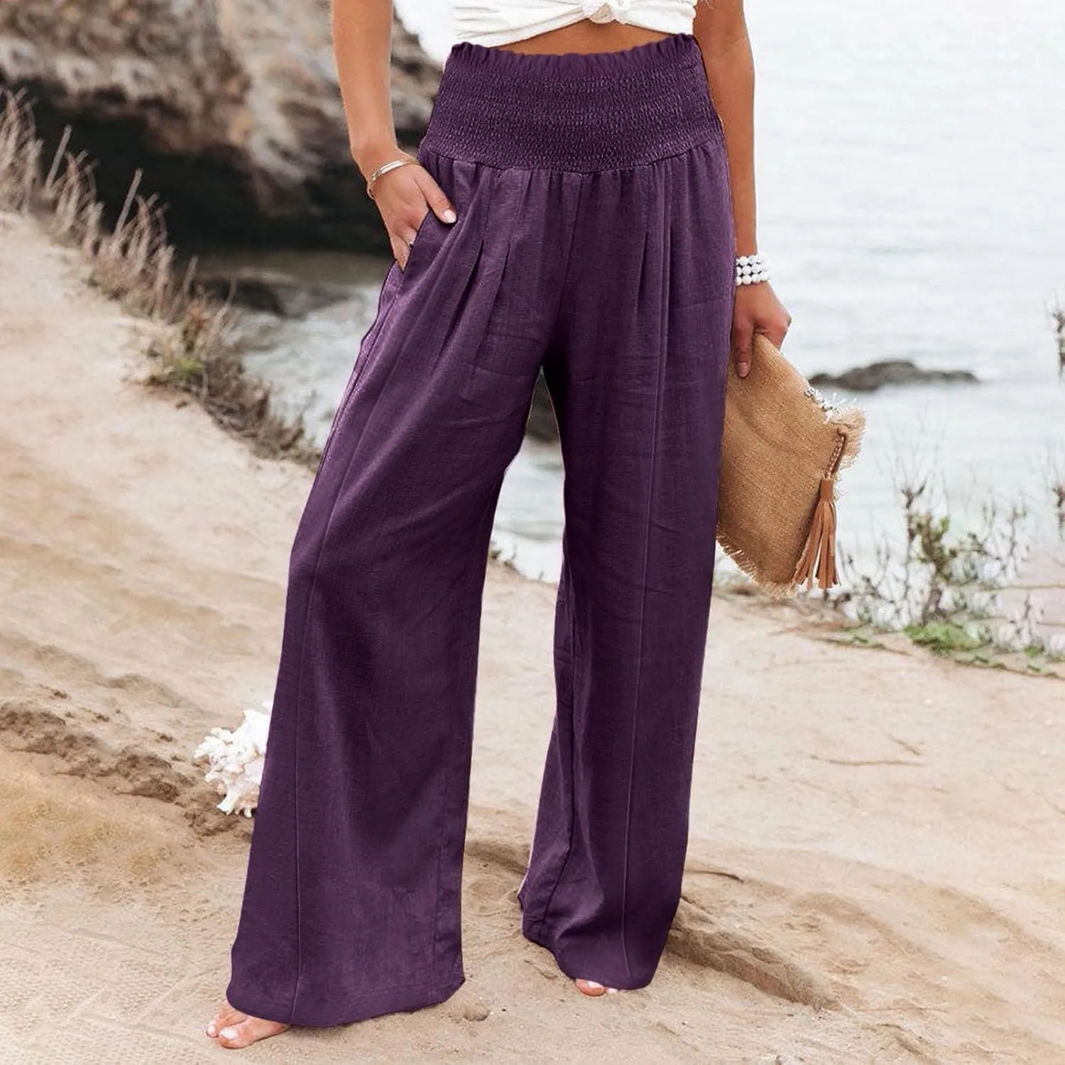 Linen Wide Leg Pants for Women Summer Flowy Boho Palazzo Pants Smocked High Waisted Loose Beach Pants with Pockets