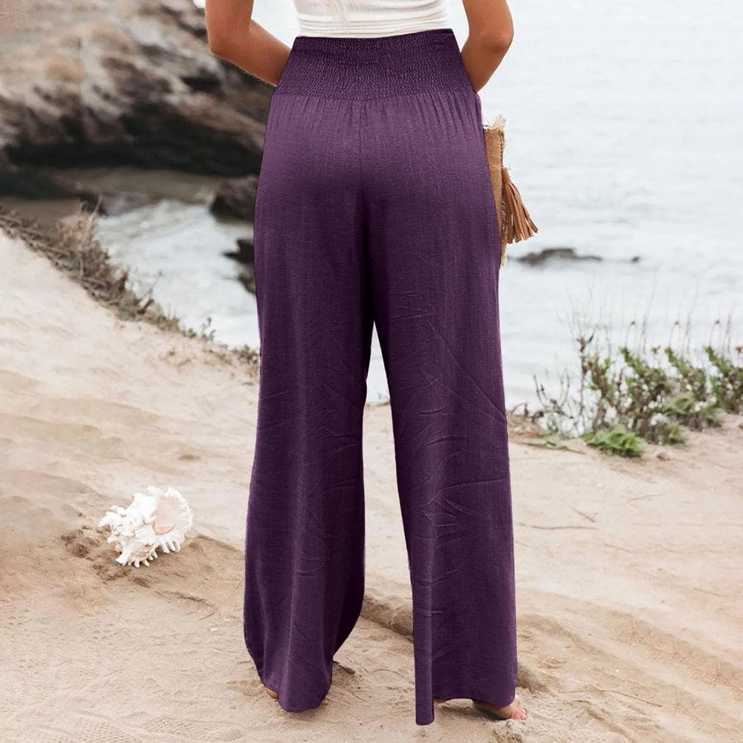 Linen Wide Leg Pants for Women Summer Flowy Boho Palazzo Pants Smocked High Waisted Loose Beach Pants with Pockets