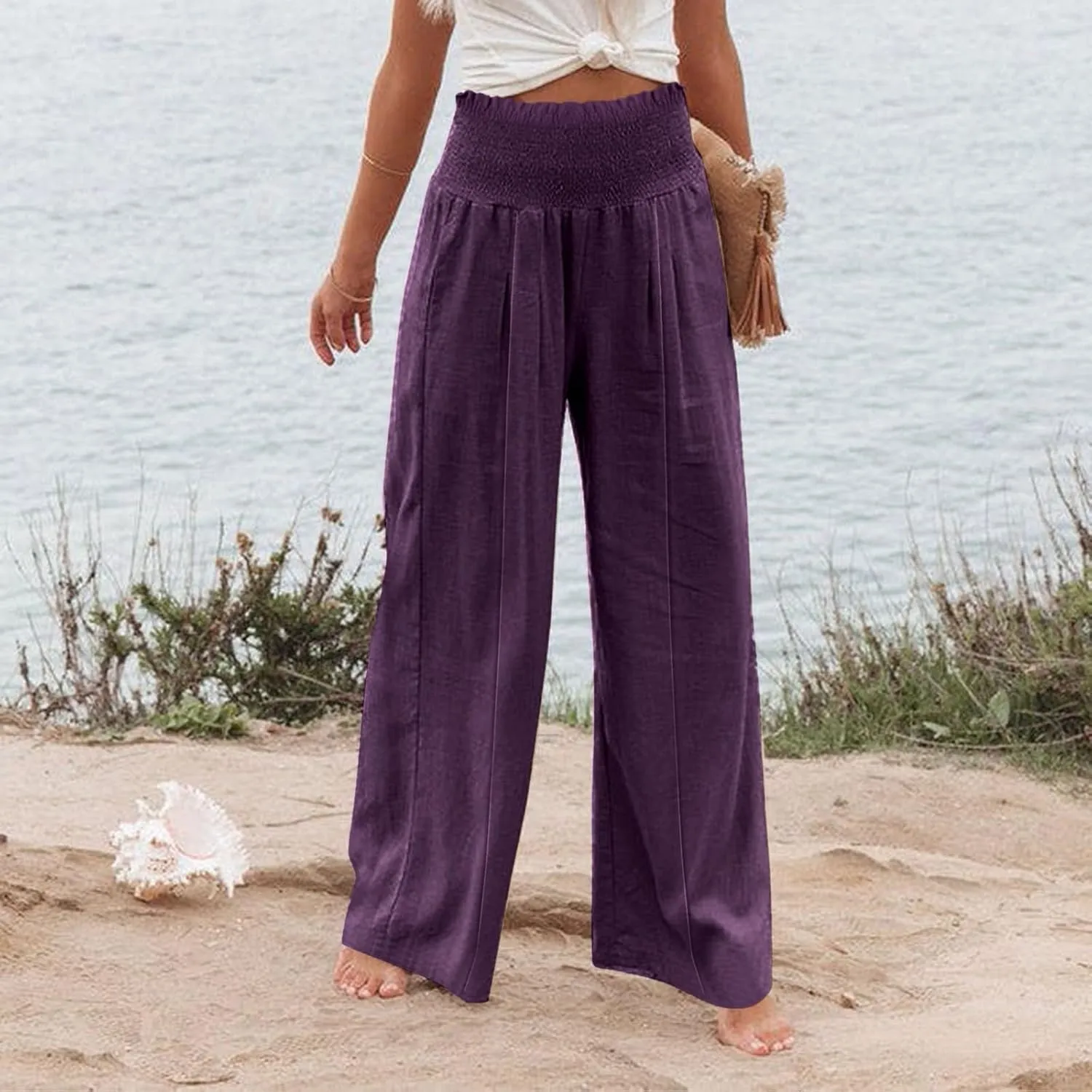 Linen Wide Leg Pants for Women Summer Flowy Boho Palazzo Pants Smocked High Waisted Loose Beach Pants with Pockets