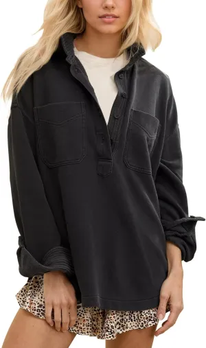 Locachy Women's Casual Oversized Polo Sweatshirt Lapel Long Sleeve Button Pullover Tops Fashion Outfits Clothes
