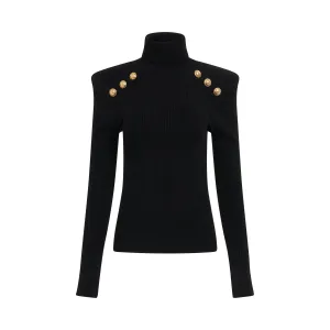 Logo Button Trimmed Turtleneck Sweater in Black