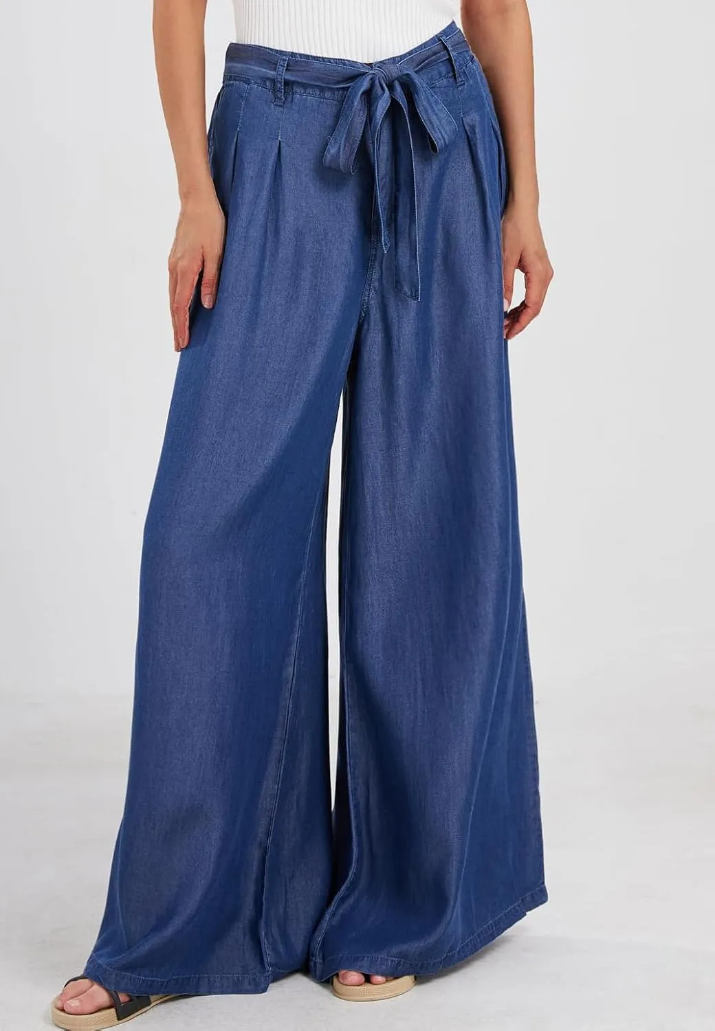 loveimgs Women's Tie Front High Waist Denim Pants Pleated Flowy Wide Leg Jean Pants Trousers with Pockets