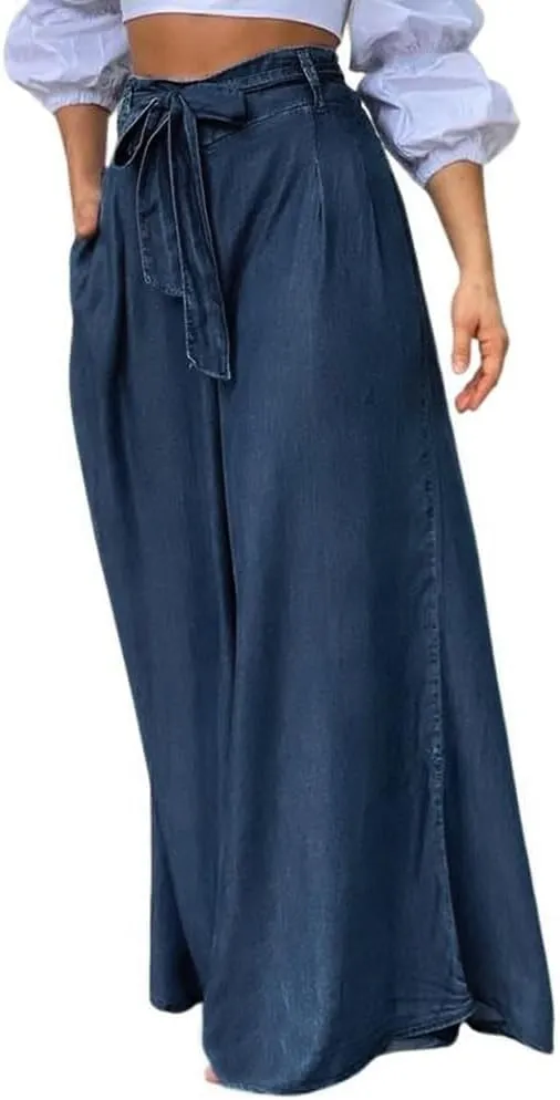 loveimgs Women's Tie Front High Waist Denim Pants Pleated Flowy Wide Leg Jean Pants Trousers with Pockets