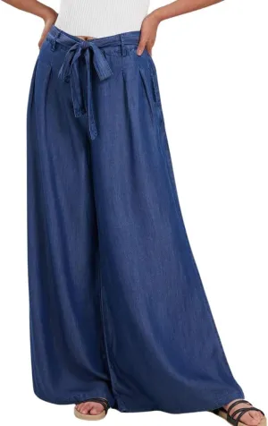 loveimgs Women's Tie Front High Waist Denim Pants Pleated Flowy Wide Leg Jean Pants Trousers with Pockets