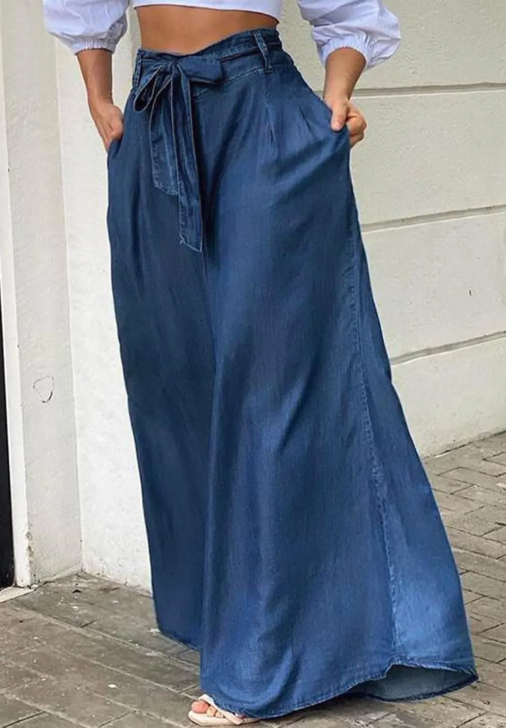 loveimgs Women's Tie Front High Waist Denim Pants Pleated Flowy Wide Leg Jean Pants Trousers with Pockets