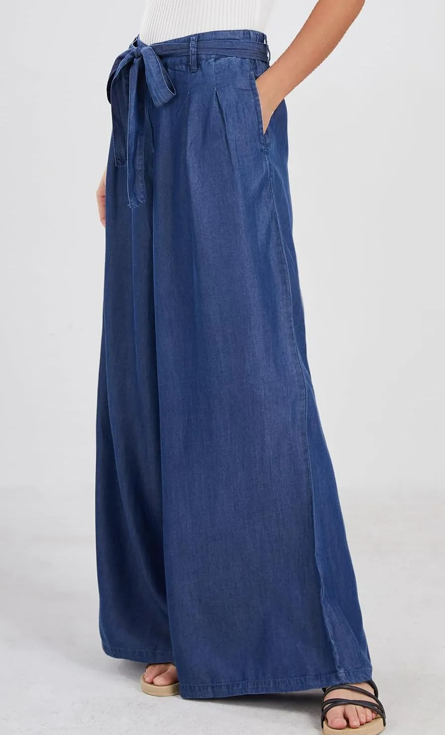 loveimgs Women's Tie Front High Waist Denim Pants Pleated Flowy Wide Leg Jean Pants Trousers with Pockets