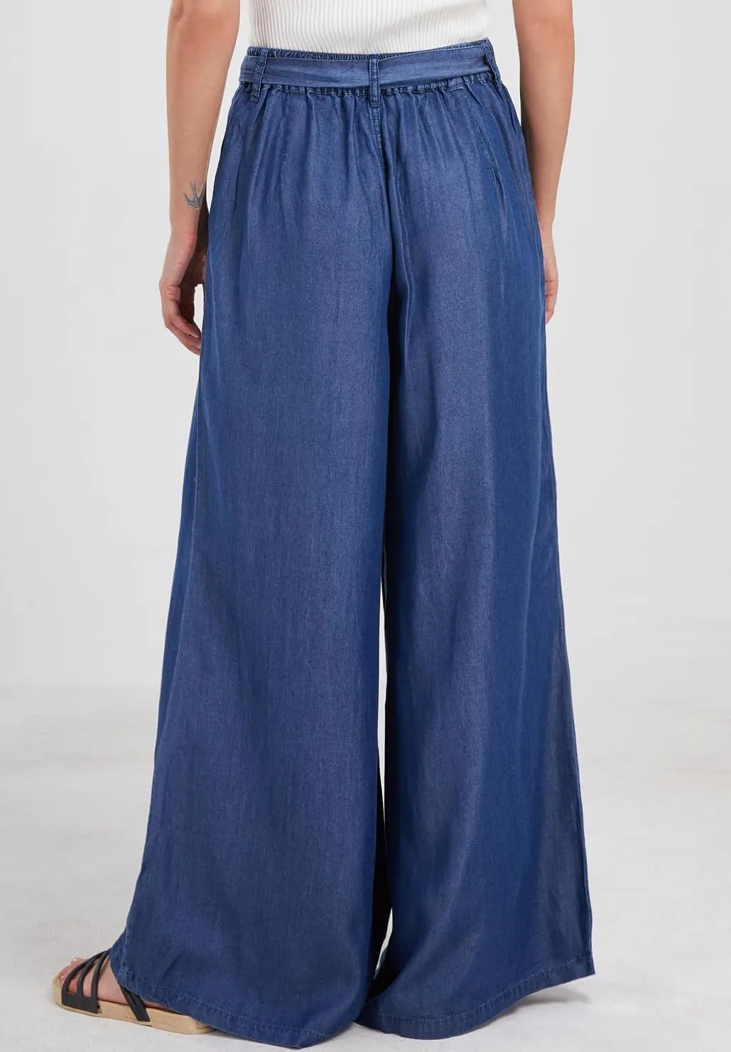loveimgs Women's Tie Front High Waist Denim Pants Pleated Flowy Wide Leg Jean Pants Trousers with Pockets