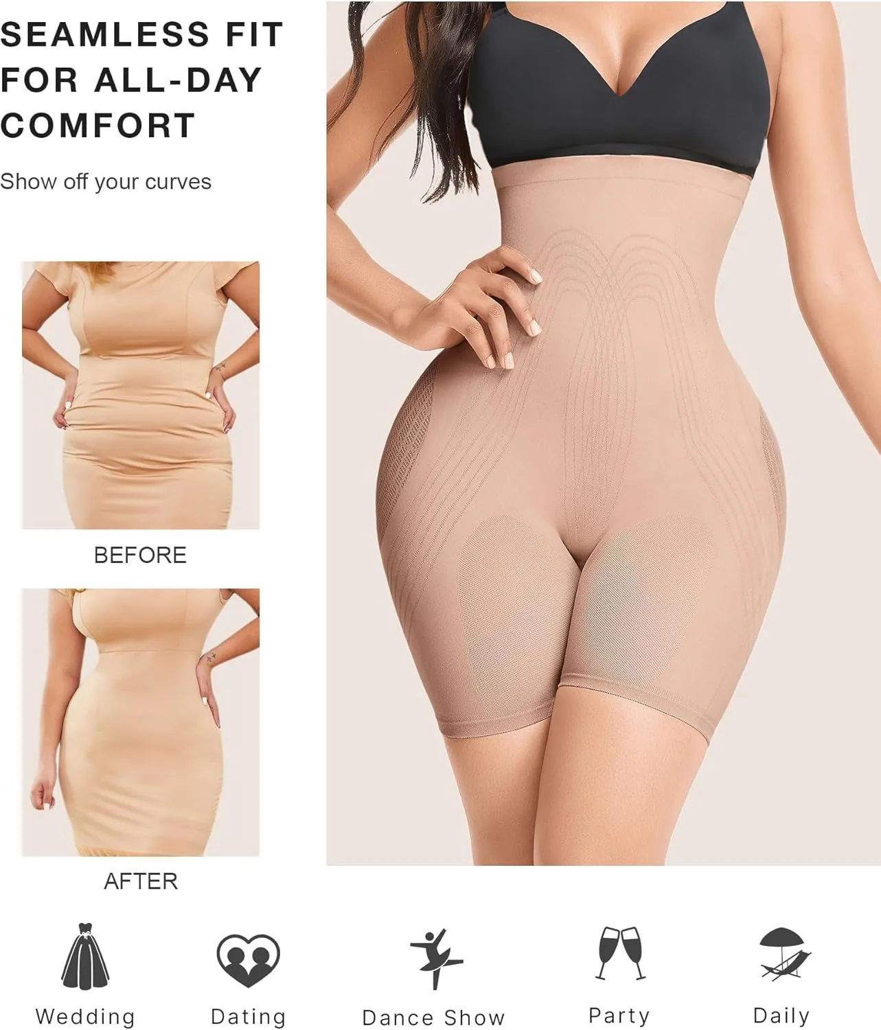Lover-Beauty Women's Butt Lifting Shapewear Tummy Control Removeable Strapless Faja Body Shaper