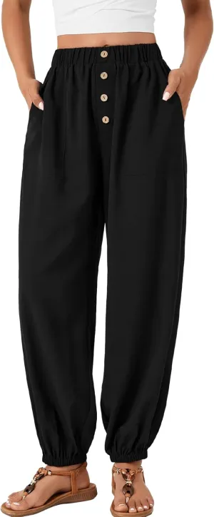LYANER Women's Casual Elastic High Waist Buttons Decoration Baggy Loose Wide Leg Ankle Pants Black X-Large