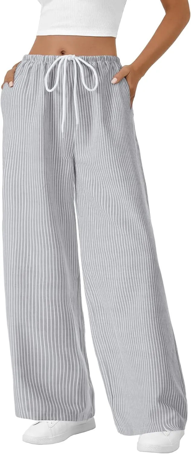 LYANER Women's Wide Leg Striped Pants Casual Drawstring Elastic Low Rise Pajama Pants Lounge Wear Trousers