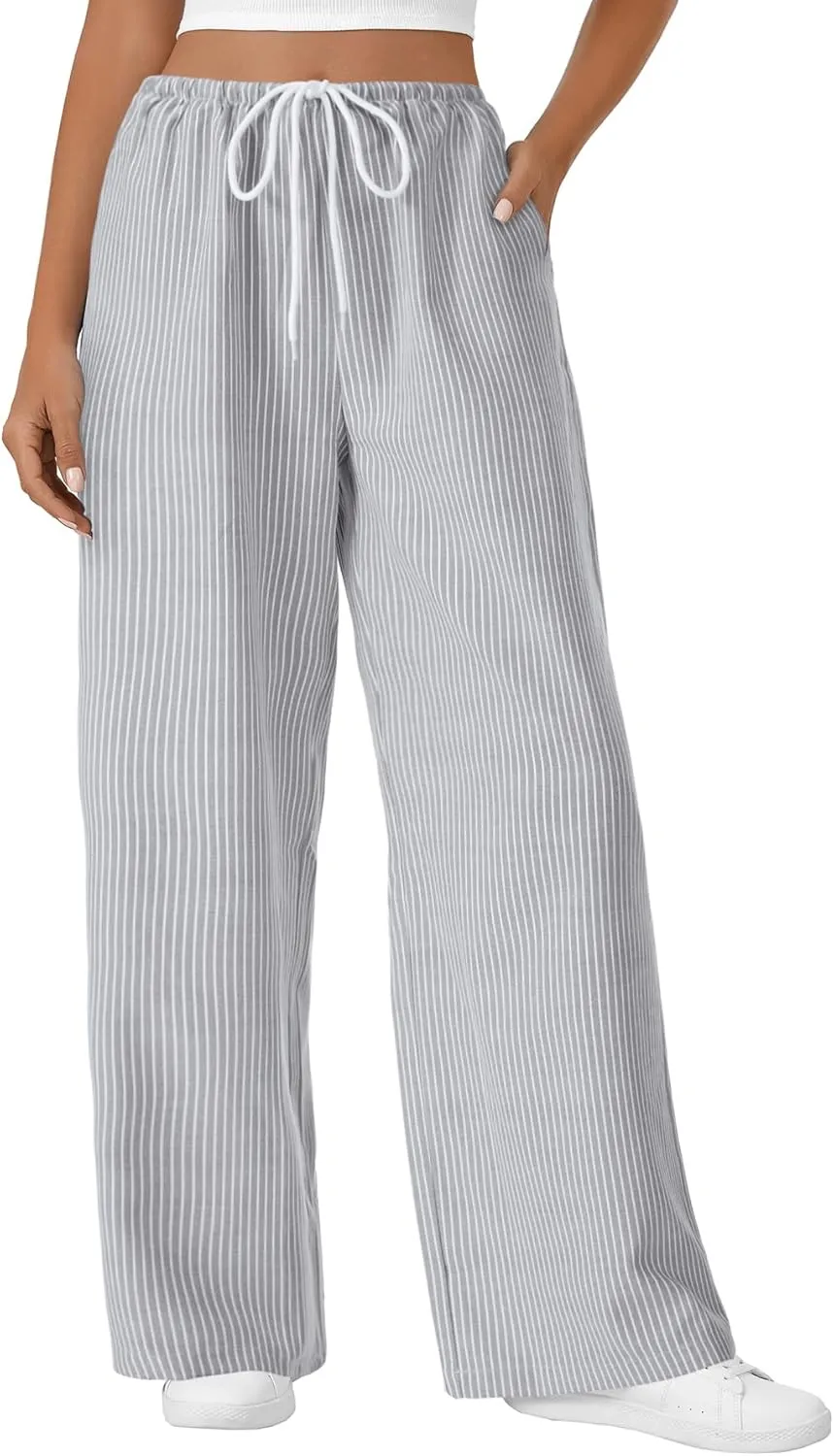 LYANER Women's Wide Leg Striped Pants Casual Drawstring Elastic Low Rise Pajama Pants Lounge Wear Trousers
