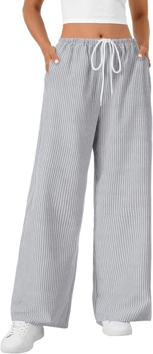 LYANER Women's Wide Leg Striped Pants Casual Drawstring Elastic Low Rise Pajama Pants Lounge Wear Trousers